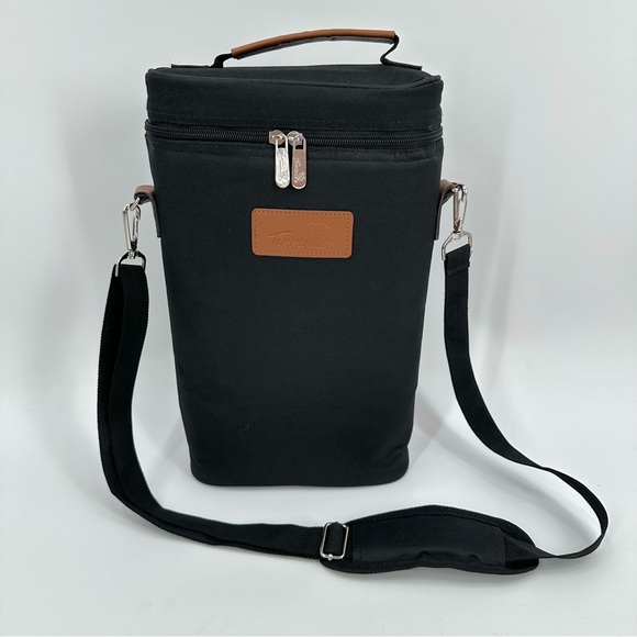 TIRRINIA 2-bottle Wine Carrier Bag with Strap & Divider Black Zip Insulated - Picture 1 of 9